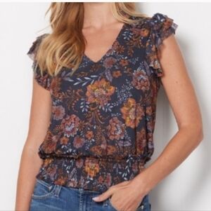 Evereve Tinslee Floral Flutter Short Sleeve Top - Navy/Orange Sz S Like NEW
